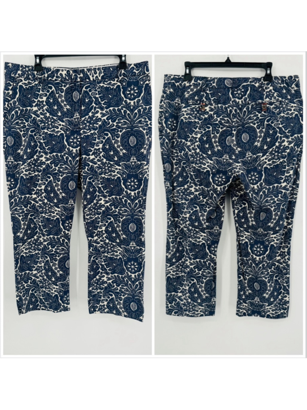 Lands' End Blue & White Floral Patterned Cropped Pants Size 14